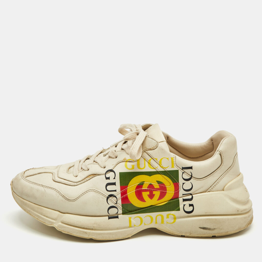 luxury-men-gucci-used-shoes-p1164465-001 Gucci Cream Leather Rhyton GG Logo Platform Sneakers Size 44.5