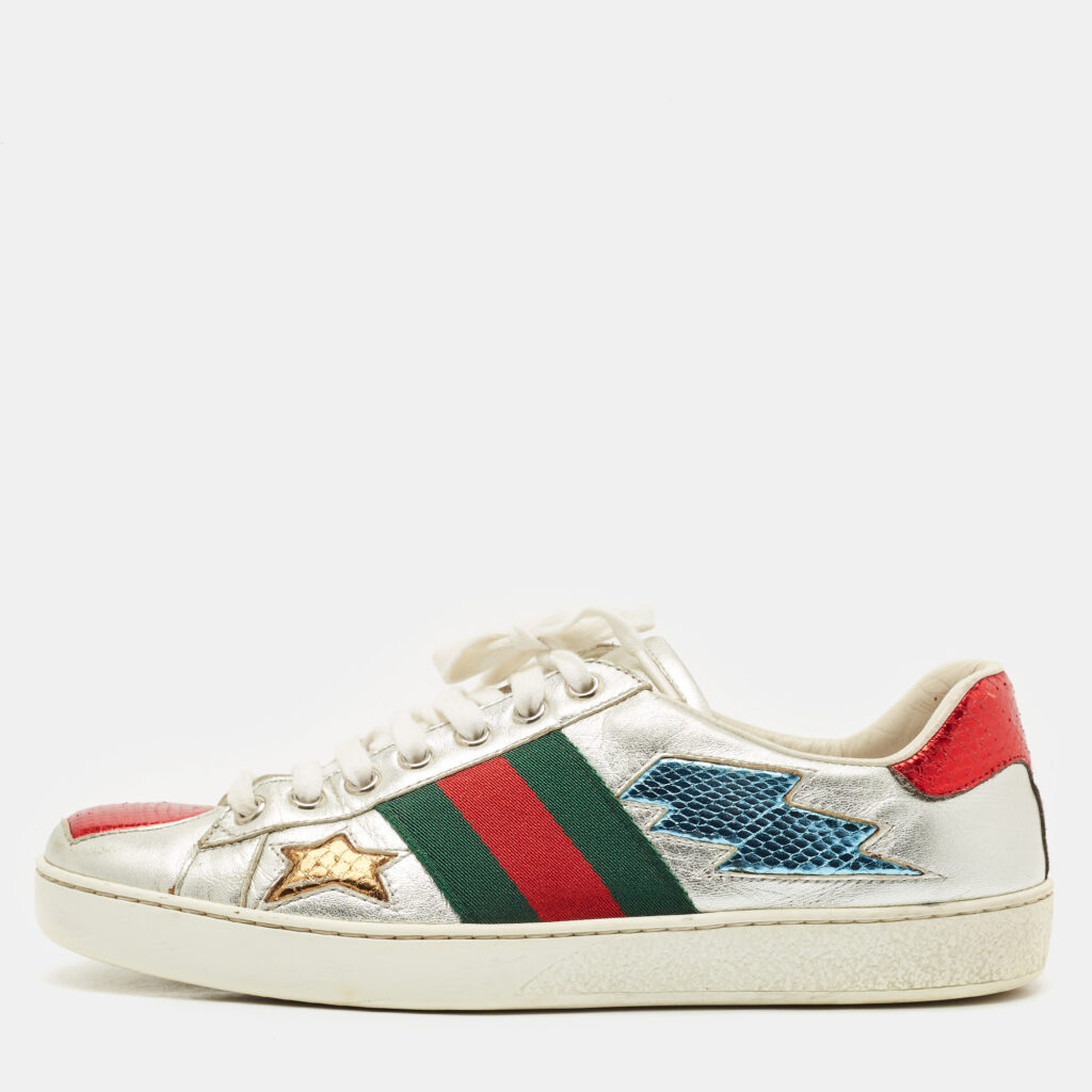 luxury-men-gucci-used-shoes-p1165135-003 Gucci Silver Leather and Python Embossed Leather Ace Lace Up Sneakers Size 39.5