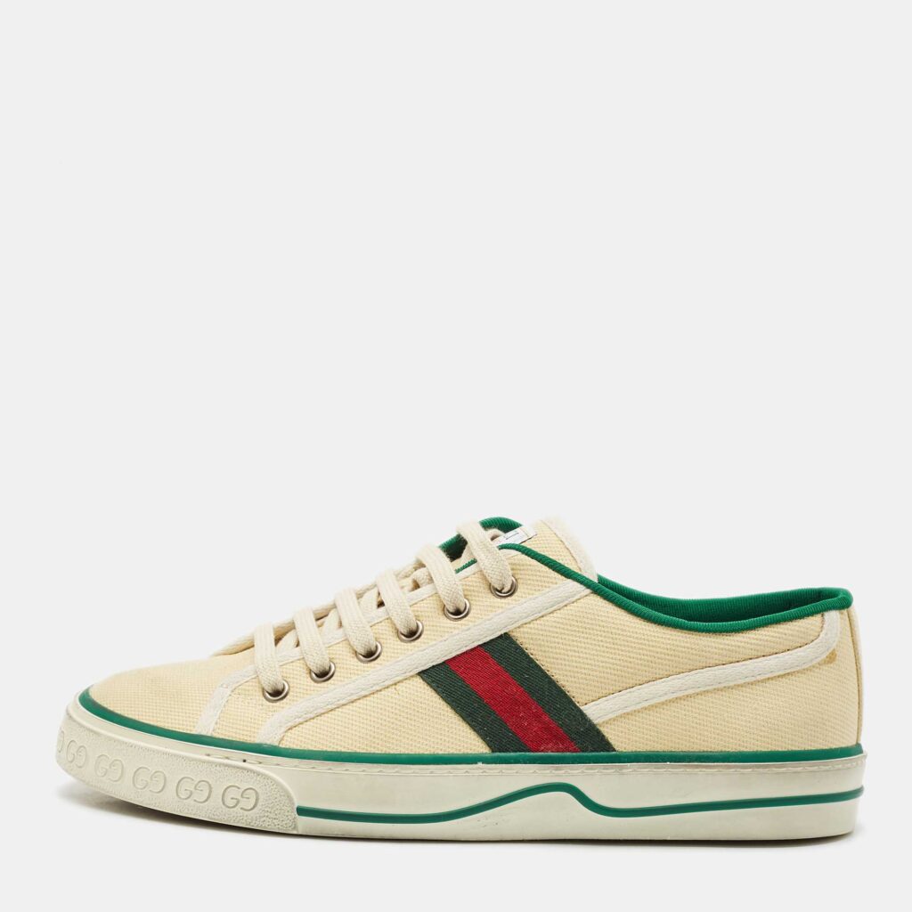 luxury-men-gucci-used-shoes-p1166533-003 Gucci Cream Canvas Tennis 1977 Web Low Top Sneakers Size 41