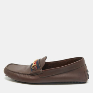 Gucci Dark Brown Leather GG Horsebit Web Detail Slip On Loafers Size 42