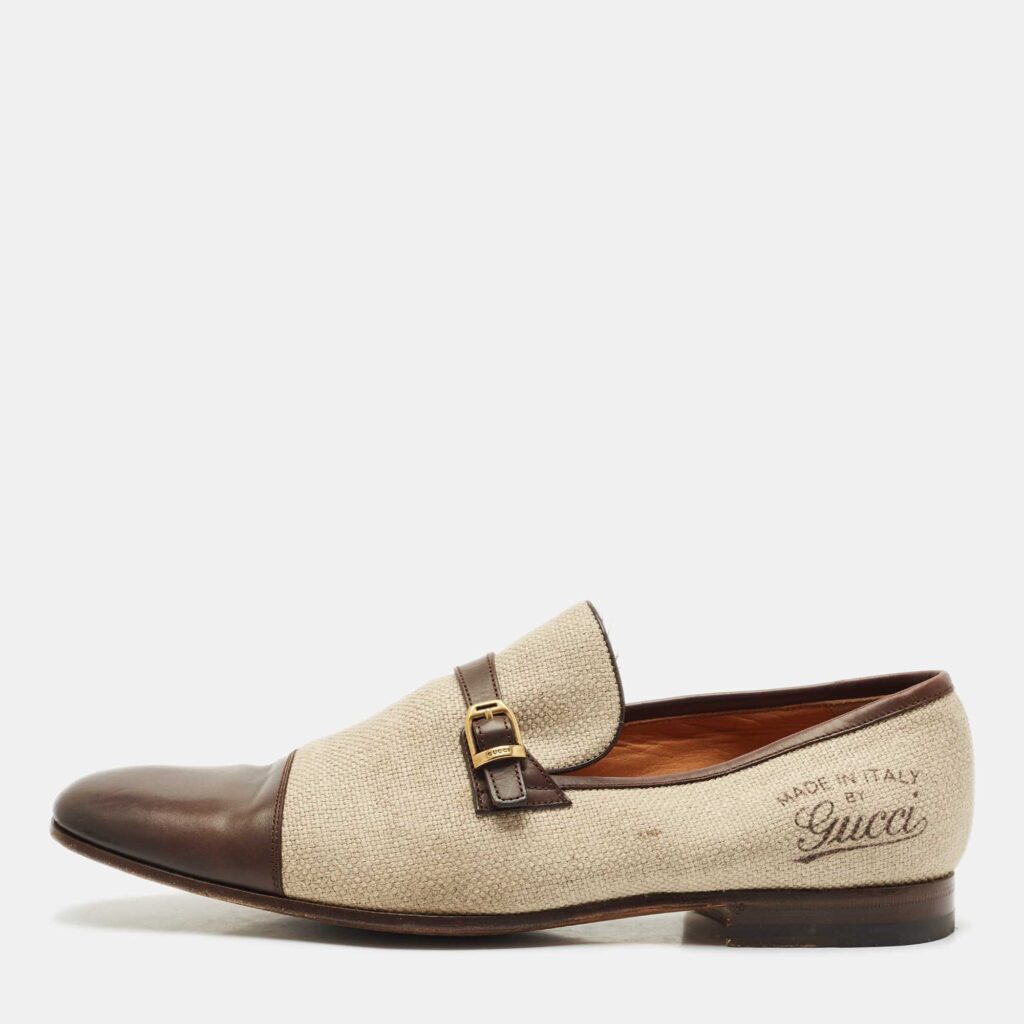 luxury-men-gucci-used-shoes-p1166992-003.jpg Gucci Beige/Brown Canvas and Leather GG Slip On Loafers Size 43