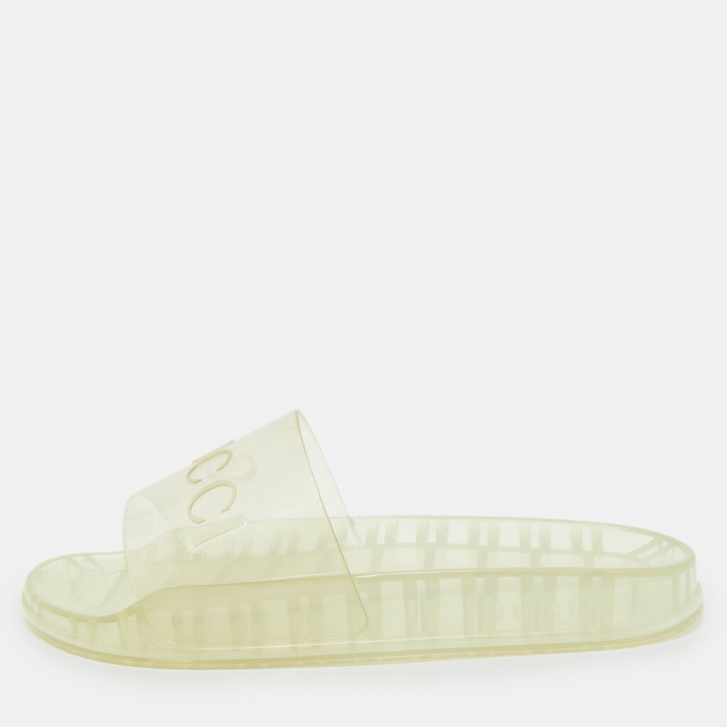 luxury-men-gucci-used-shoes-p1167335-001 Gucci Transparent Rubber Logo Slide Flat Sandals Size 42