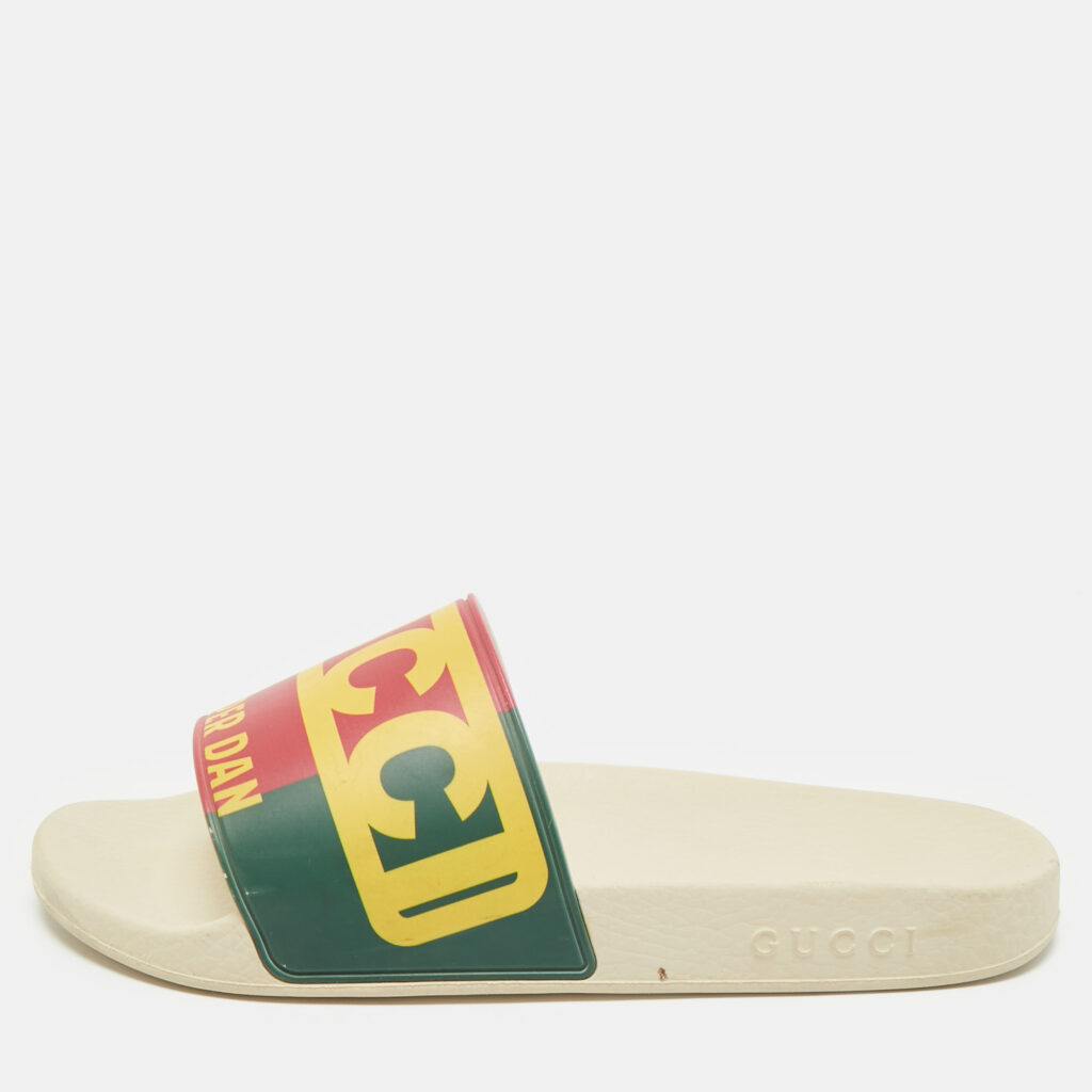 luxury-men-gucci-used-shoes-p1168077-002 Gucci Cream Rubber Dapper Dan Pool Flat Slides Size 42