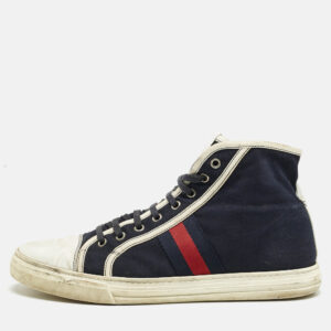 gucci navy blue/white canvas and leather web detail high top sneakers size 43