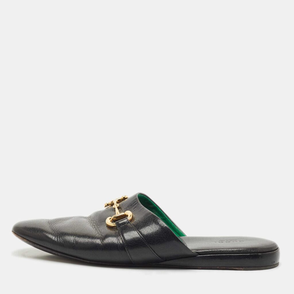 Gucci Black Leather Horsebit Flat Slides Size 41