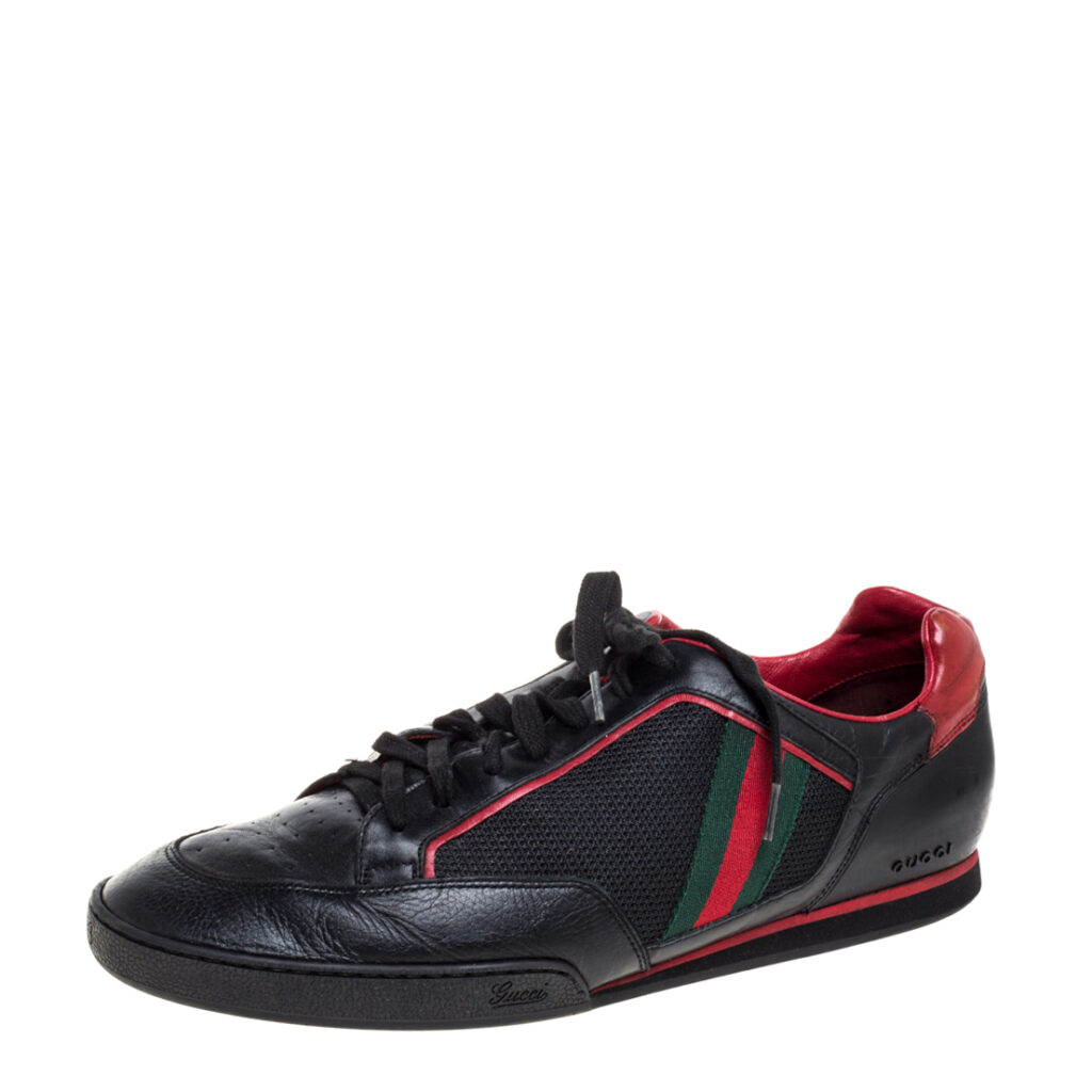 luxury-men-gucci-used-shoes-p353894-001 Gucci Black/Red Mesh Fabric and Leather Vintage Tennis Web Low Top Sneakers Size 45