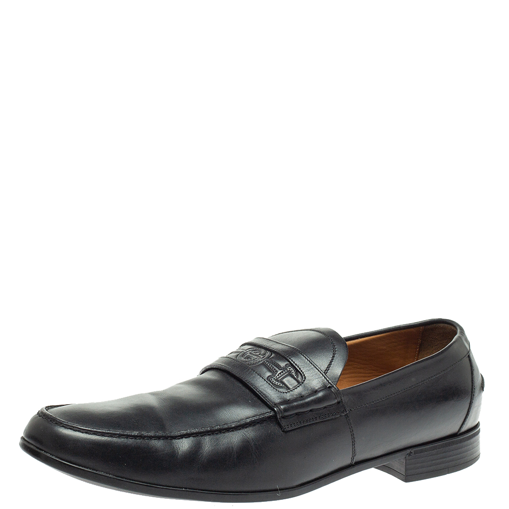 luxury-men-gucci-used-shoes-p368800-005 Gucci Black Leather Horsebit Embossed Slip On Loafers Size 43.5