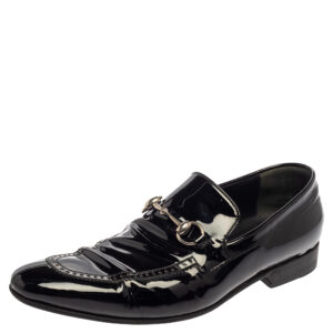 Gucci Black Patent Leather Horsebit Slip On Loafers Size 42