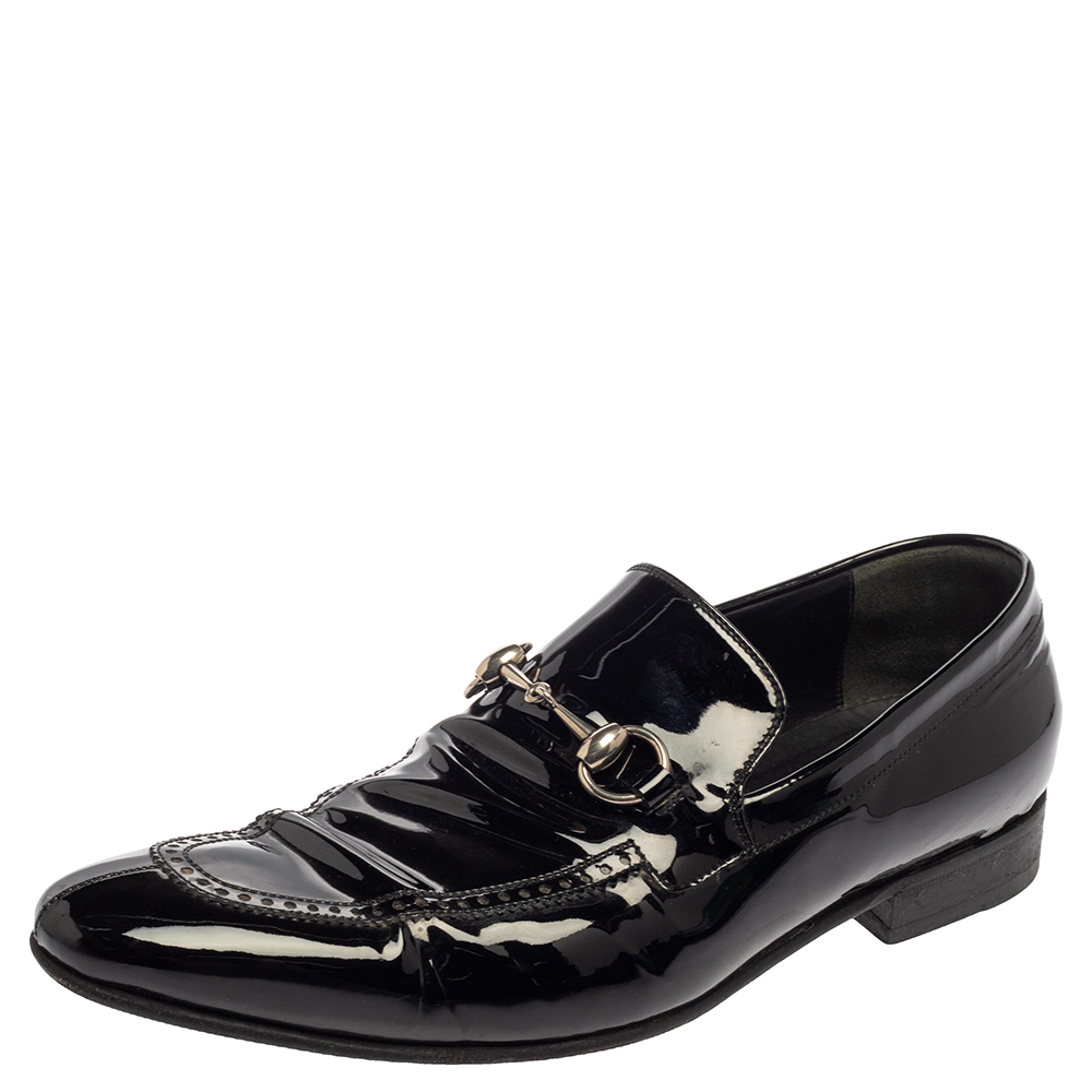 luxury-men-gucci-used-shoes-p387547-006 Gucci Black Patent Leather Horsebit Slip On Loafers Size 42