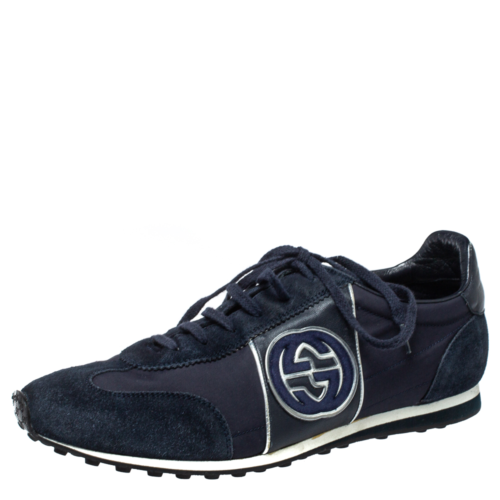luxury-men-gucci-used-shoes-p387817-004 Gucci Navy Blue Suede and Fabric Interlocking G Lace Up Sneakers Size 42
