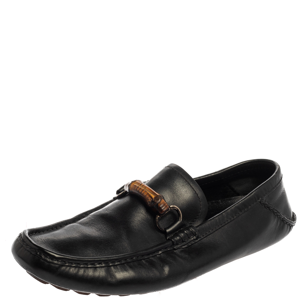 Gucci Black Leather Bamboo Horsebit Slip On Loafers Size 43.5