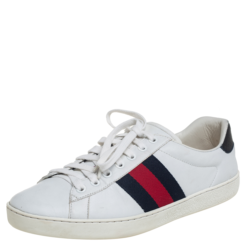 luxury-men-gucci-used-shoes-p433828-003 Gucci White Leather And Python Embossed Leather Ace Low Top Sneakers Size 40