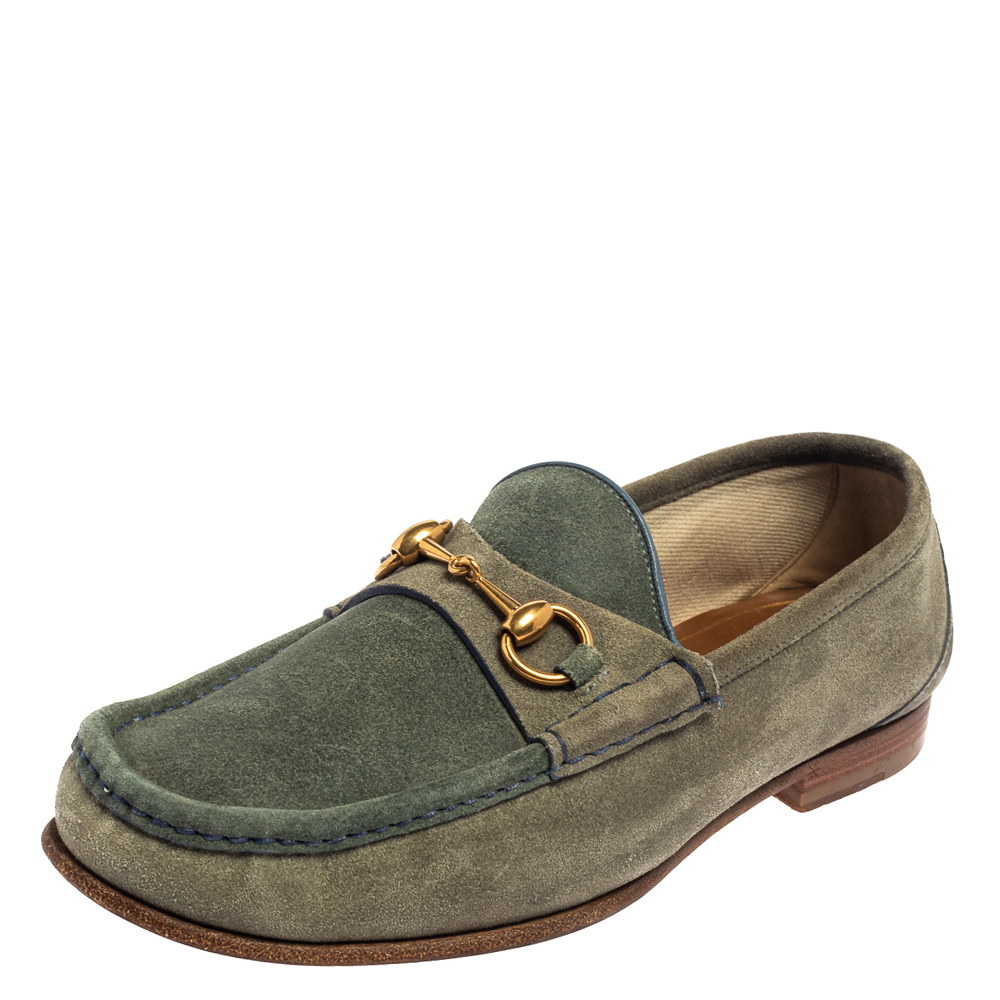 luxury-men-gucci-used-shoes-p445657-001 Gucci Blue/Grey Suede Horsebit Slip on Loafers Size 42