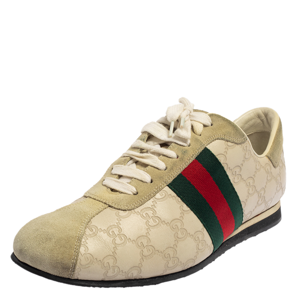 luxury-men-gucci-used-shoes-p445729-003 Gucci Cream Suede And Leather Web Low Top Sneakers Size 43.5