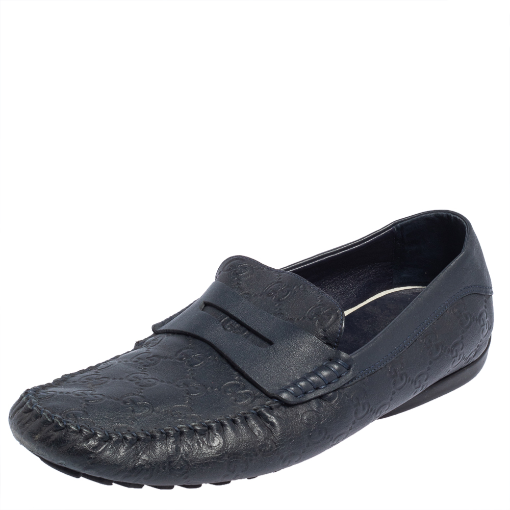 luxury-men-gucci-used-shoes-p457080-003 Gucci Dark Blue Leather Penny Slip On Loafers Size 44.5