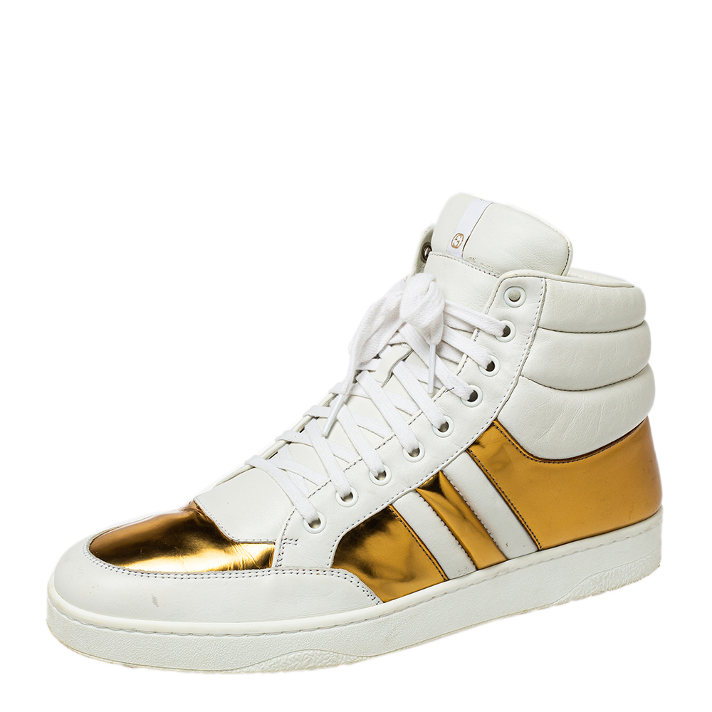 luxury-men-gucci-used-shoes-p458310-002 Gucci White/Gold Leather Lace Up High Top Sneakers Size 43.5