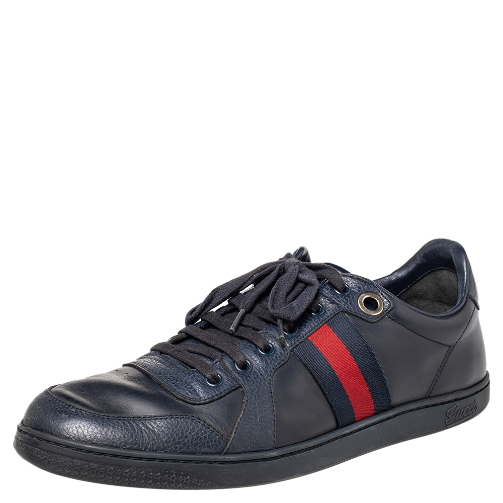 luxury-men-gucci-used-shoes-p466198-005 Gucci Navy Blue Leather And Canvas Web Low Top Sneakers Size 44