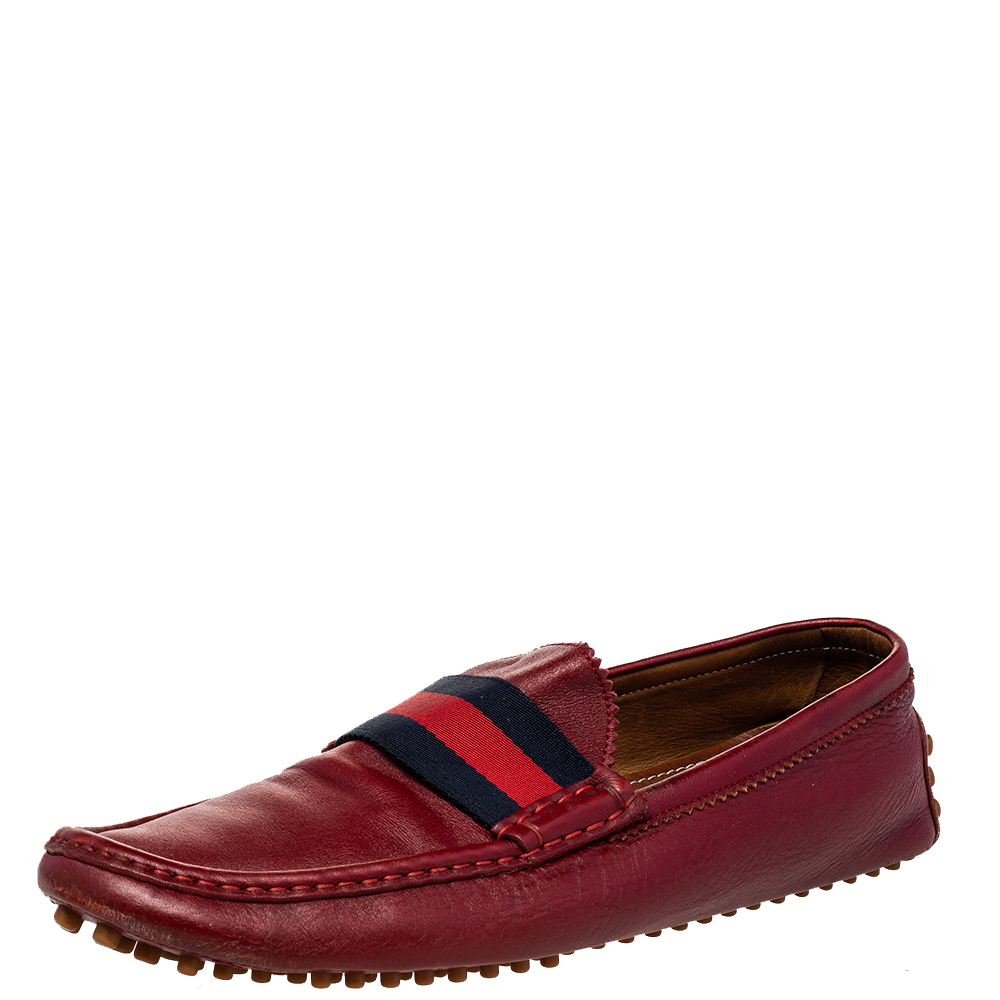luxury-men-gucci-used-shoes-p471843-006 Gucci Red Leather Web Detail Slip On Loafers Size 43.5