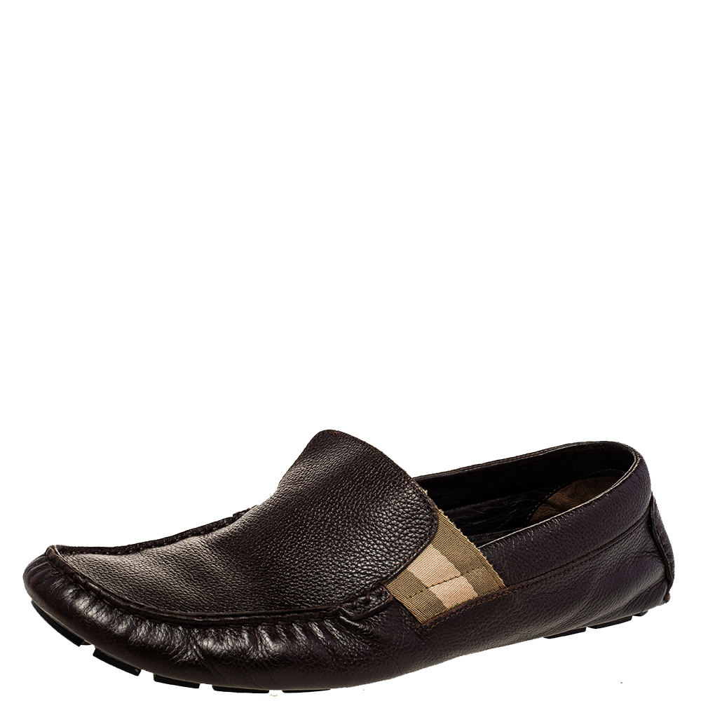 luxury-men-gucci-used-shoes-p471857-007 Gucci Brown Leather Web Detail Slip-On Loafers Size 43