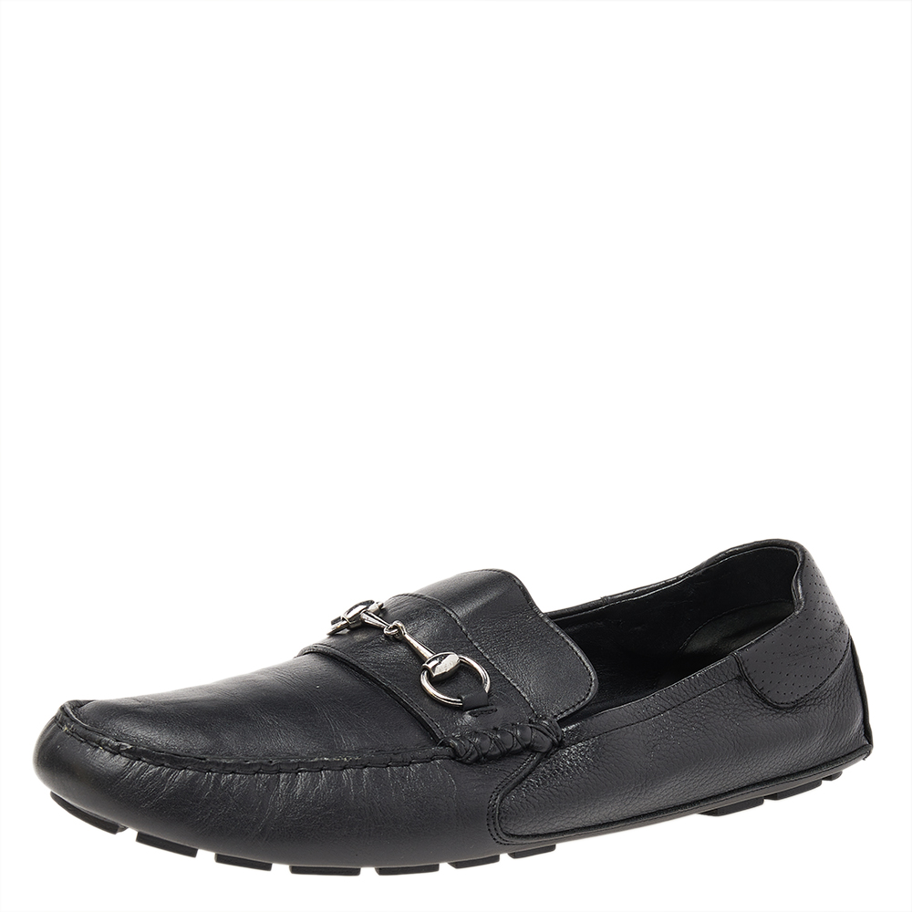 luxury-men-gucci-used-shoes-p492326-006 Gucci Black Leather Horsebit Slip On Loafers Size 46.5