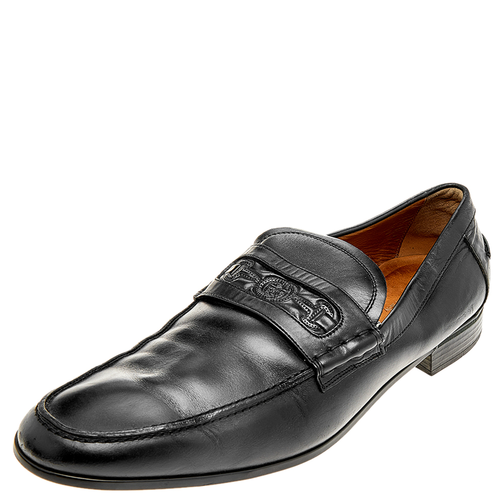 luxury-men-gucci-used-shoes-p514792-009-2 Gucci Black Leather Horsebit Embossed Slip On Loafers Size 44.5