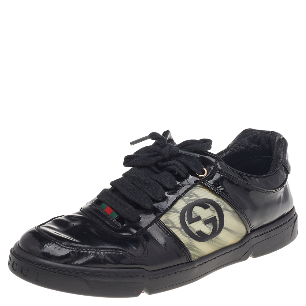 luxury-men-gucci-used-shoes-p514895-002-2 Gucci Black Patent Leather Interlocking G Hologram Logo Low Top Sneakers Size 41