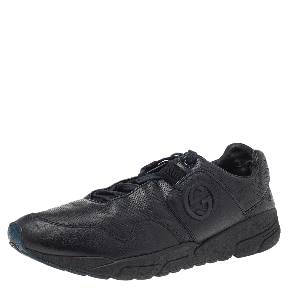 luxury-men-gucci-used-shoes-p515013-004 Gucci Black Leather GG Logo Low Top Sneakers Size 45.5