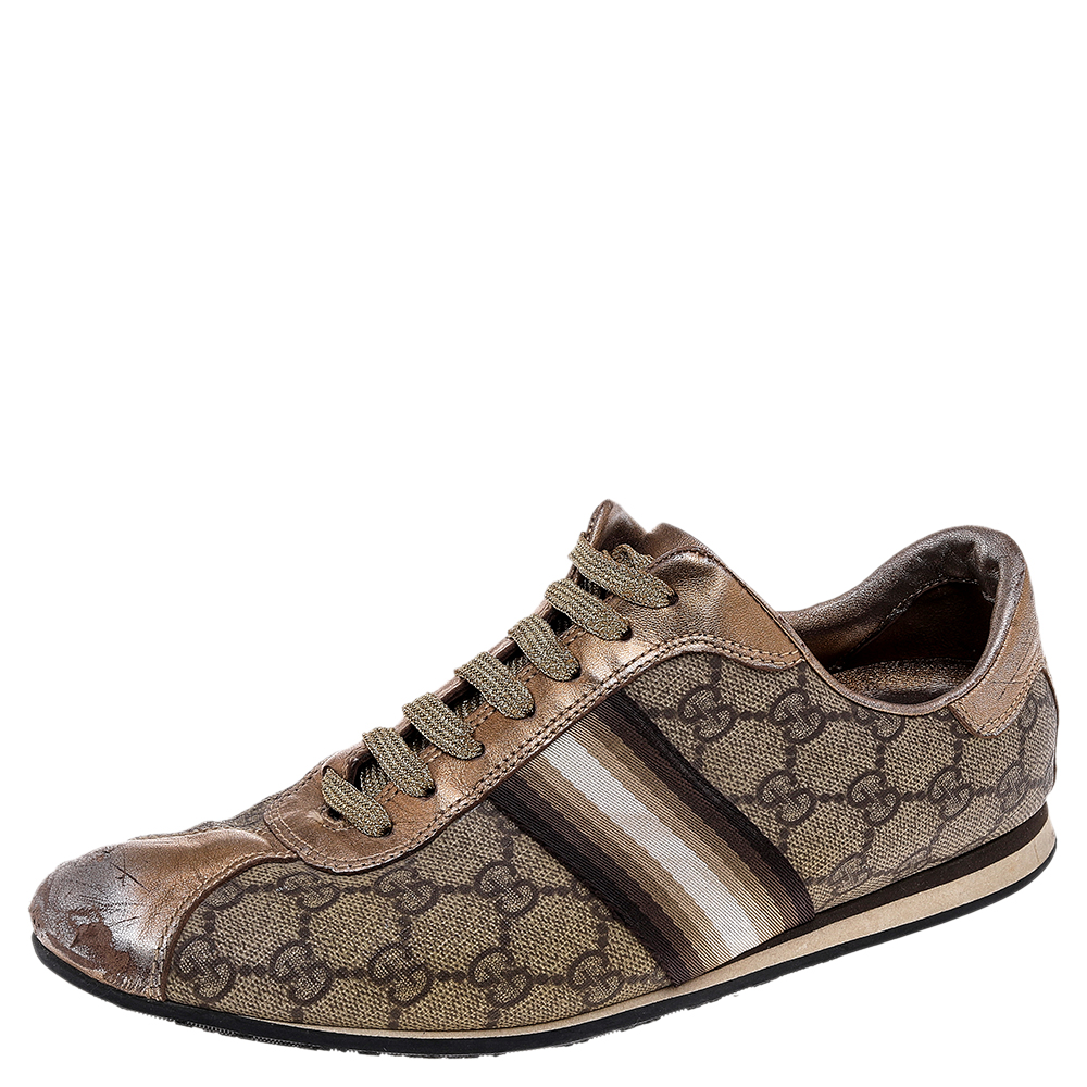 luxury-men-gucci-used-shoes-p521485-007-2 Gucci Beige/Gold Supreme Canvas And Leather Web Low Top Sneakers Size 39.5