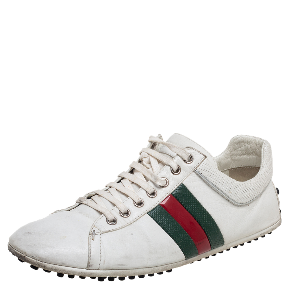 luxury-men-gucci-used-shoes-p537672-006 Gucci White Leather Web Lace Up Sneakers Size 42