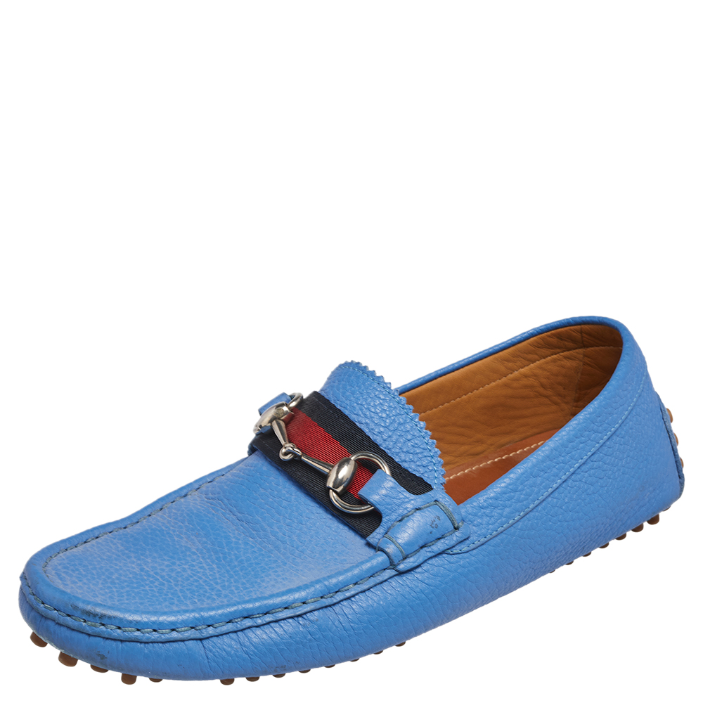 luxury-men-gucci-used-shoes-p540596-002-2 Gucci Blue Leather Horsbit Web Trim Loafers Size 40