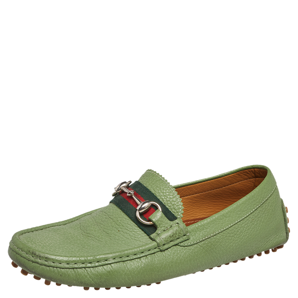 luxury-men-gucci-used-shoes-p540601-003-2 Gucci Green Leather Horsebit Slip On Loafers Size 40