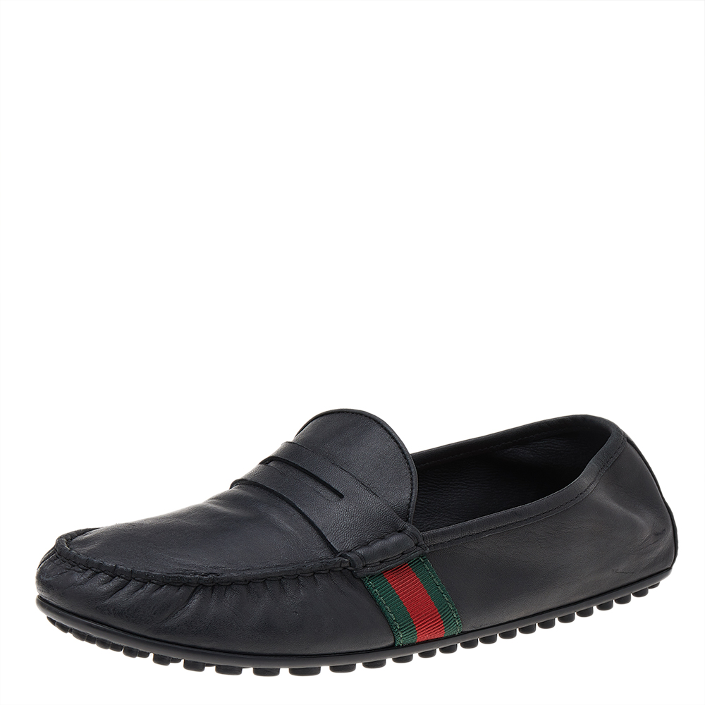 luxury-men-gucci-used-shoes-p541195-006-1 Gucci Black Leather Web Detail Slip on Loafers Size 43.5