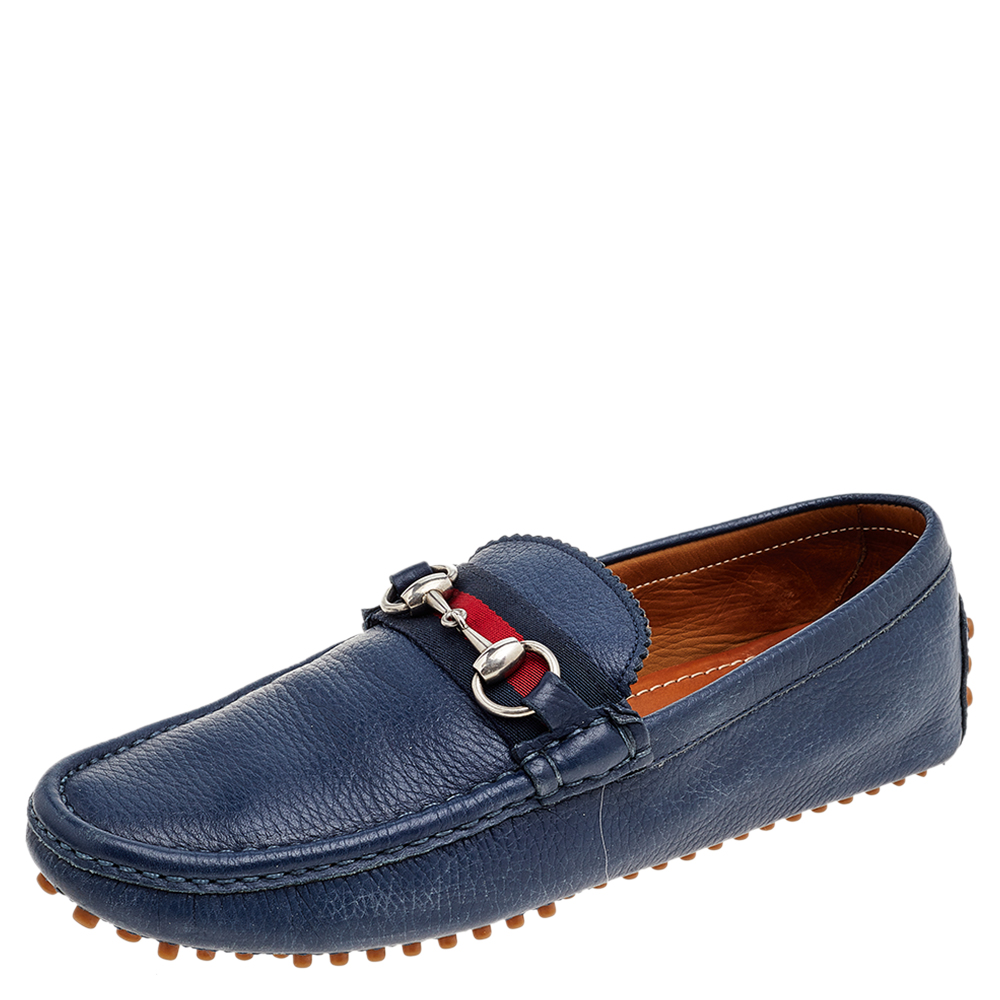 luxury-men-gucci-used-shoes-p541263-005-2 Gucci Blue Leather Horsebit Slip on Loafers Size 40