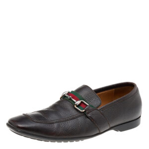 Gucci Dark Brown Leather Horsebit Web Slip On Loafers Size 41.5