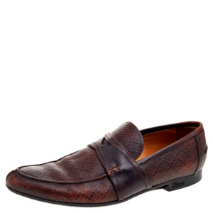 Gucci Dark Brown Hilary Diamante Embossed Leather Slip On Penny Loafers Size 43.5