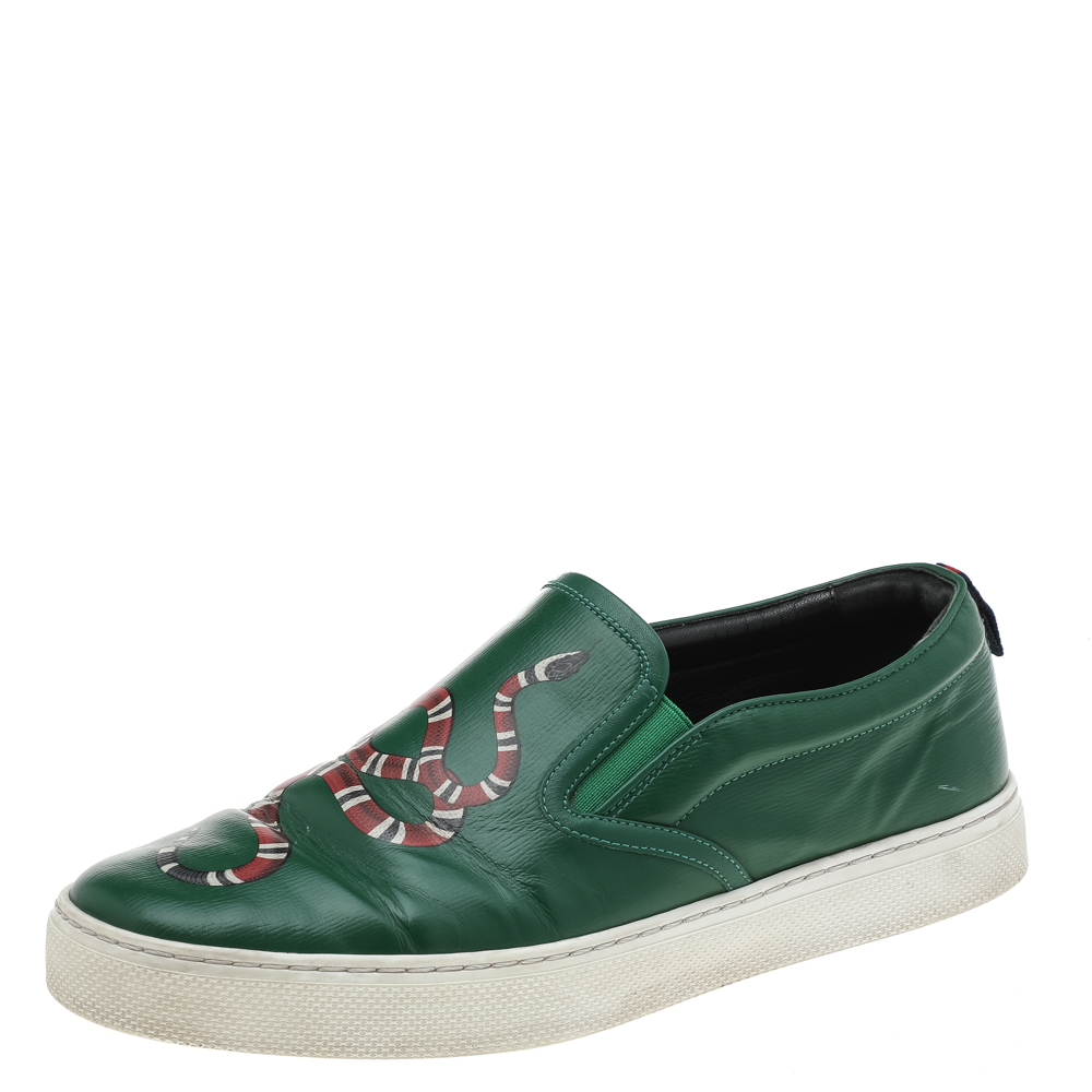 luxury-men-gucci-used-shoes-p595770-007-2 Gucci Green Leather Dublin Snake Print Slip On Sneakers Size 42