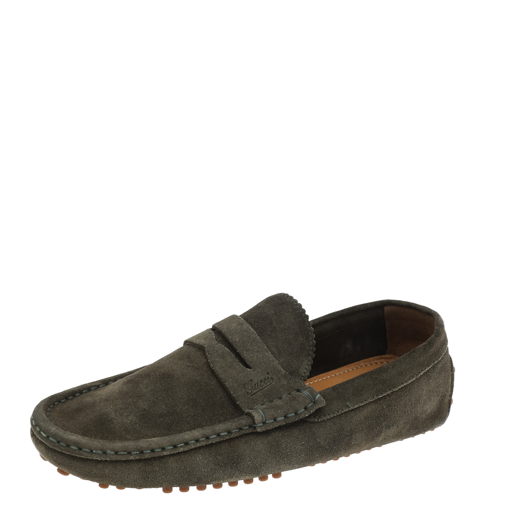 luxury-men-gucci-used-shoes-p596707-007-2 Gucci Green Suede Slip on Loafers Size 41