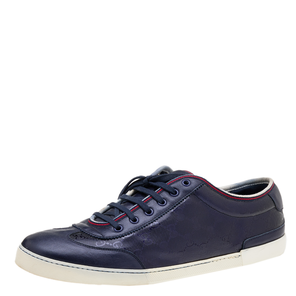 luxury-men-gucci-used-shoes-p610691-007-2 Gucci Navy Blue GG Imprime Canvas And Leather Low Top Sneakers Size 47