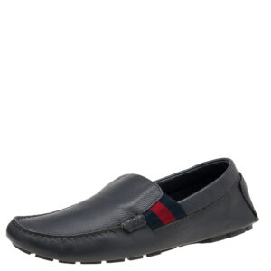 Gucci Dark Grey Leather Web Detail Slip On Loafers Size 41.5