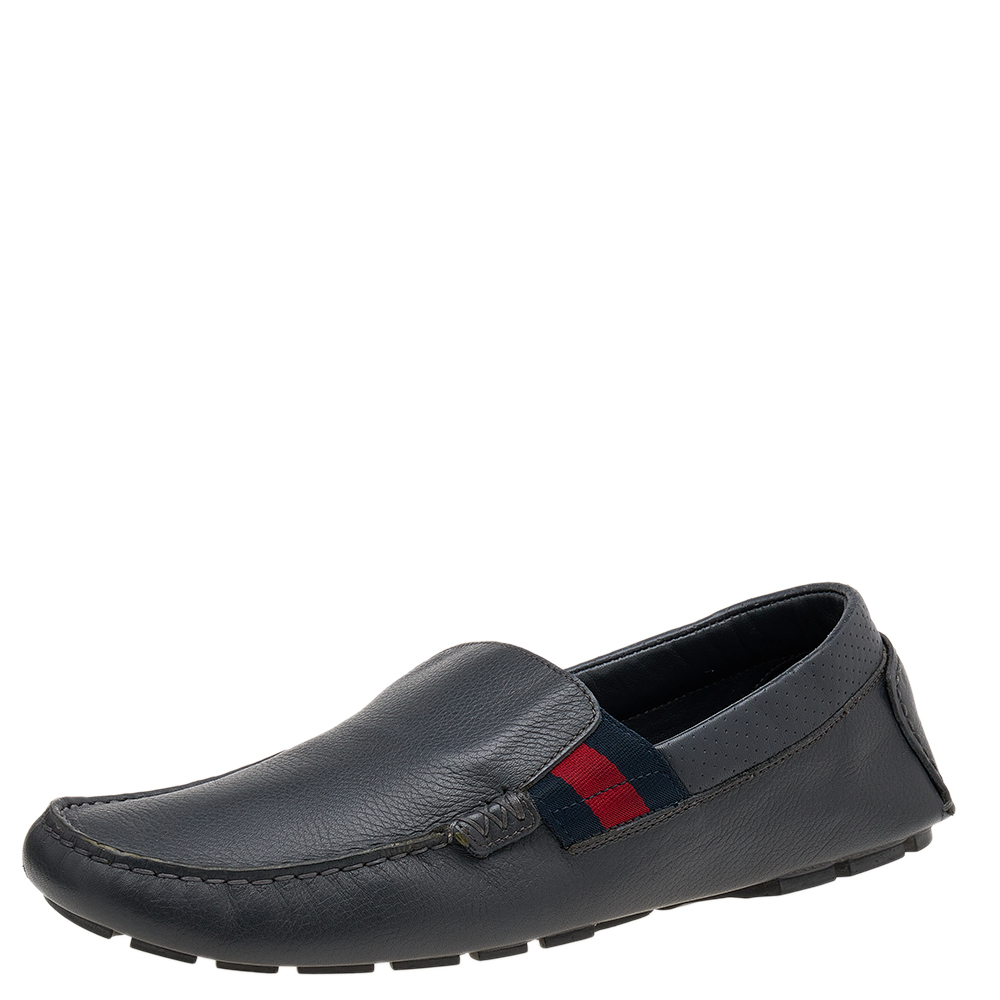 luxury-men-gucci-used-shoes-p611431-006-2 Gucci Dark Grey Leather Web Detail Slip On Loafers Size 41.5