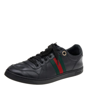 Gucci Black Leather Web Low Top Sneakers Size 42