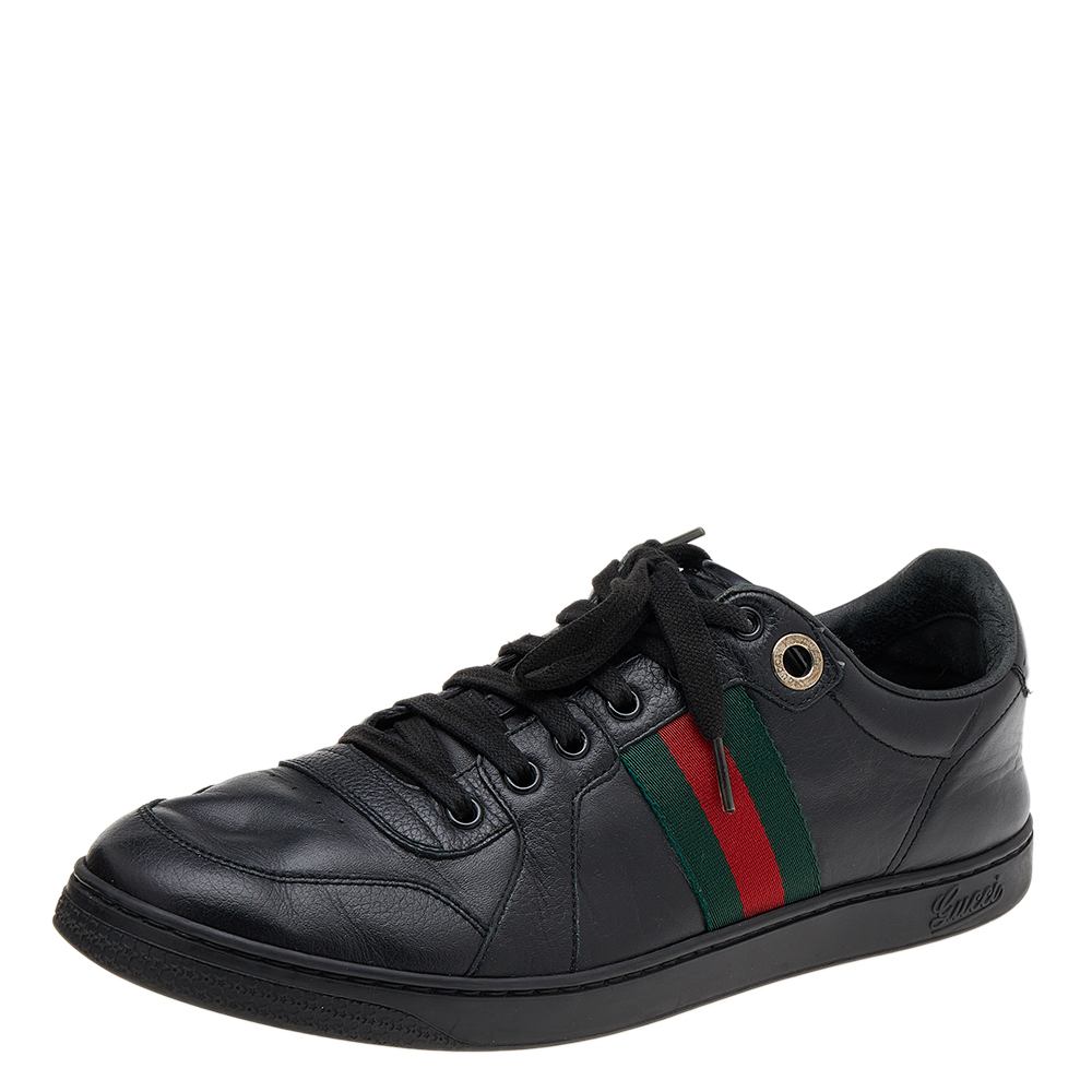luxury-men-gucci-used-shoes-p612510-006-2 Gucci Black Leather Web Low Top Sneakers Size 42