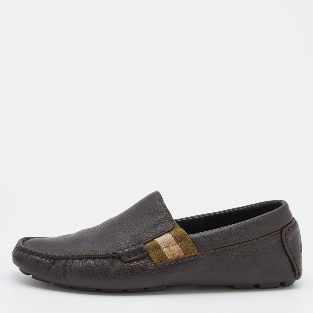 luxury-men-gucci-used-shoes-p713100-002-1 Gucci Dark Brown Leather Web Detail Slip On Loafers Size 40