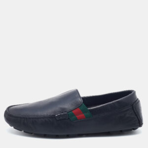 Gucci Dark Blue Leather Web Slip On Loafers Size 41.5