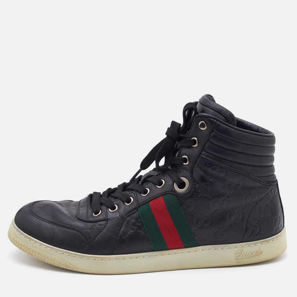 luxury-men-gucci-used-shoes-p730897-007 Gucci Black Guccissima Leather Web Detail High Top Sneakers Size 41.5