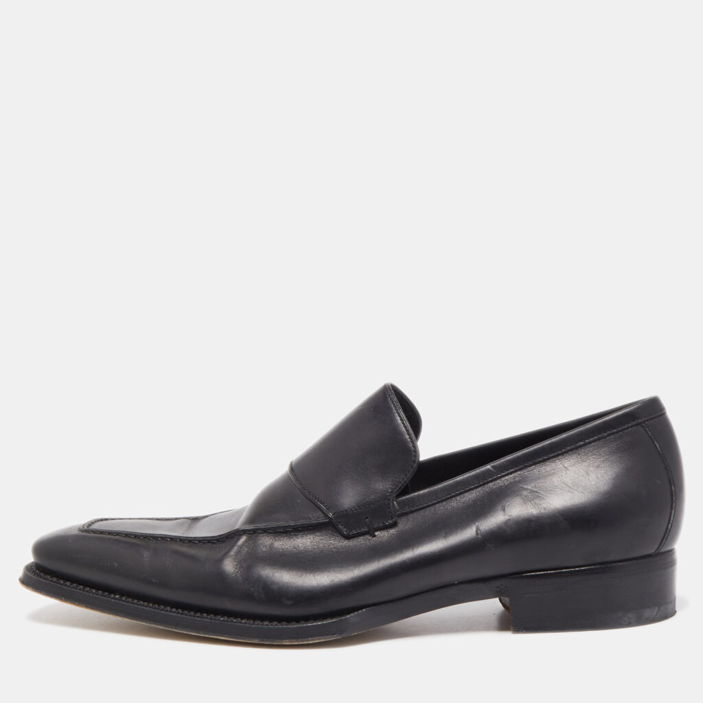 luxury-men-gucci-used-shoes-p802726-001 Gucci Black Leather Web Penny Loafers Size 41.5