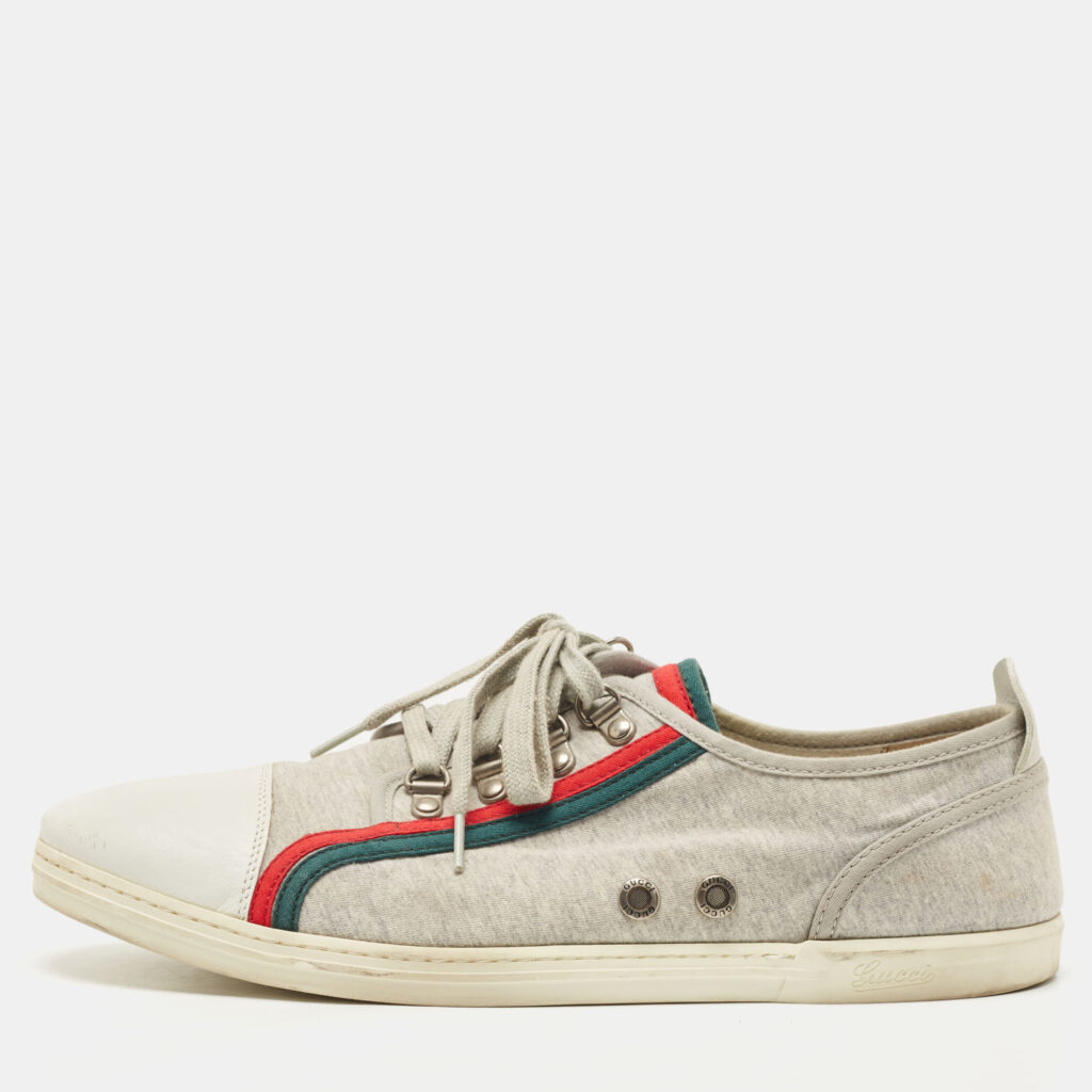 luxury-men-gucci-used-shoes-p831311-010 Gucci Grey/White Fabric and Leather Low Top Sneakers Size 44.5