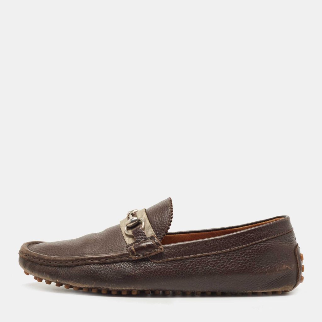 luxury-men-gucci-used-shoes-p856289-003 Gucci Brown Leather Horsebit Loafers Size 43