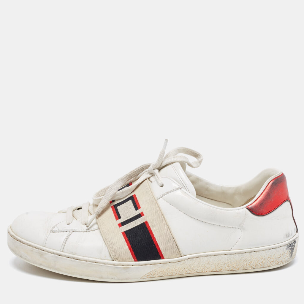luxury-men-gucci-used-shoes-p869083-006 Gucci White Leather Logo Band Ace Sneakers Size 41.5