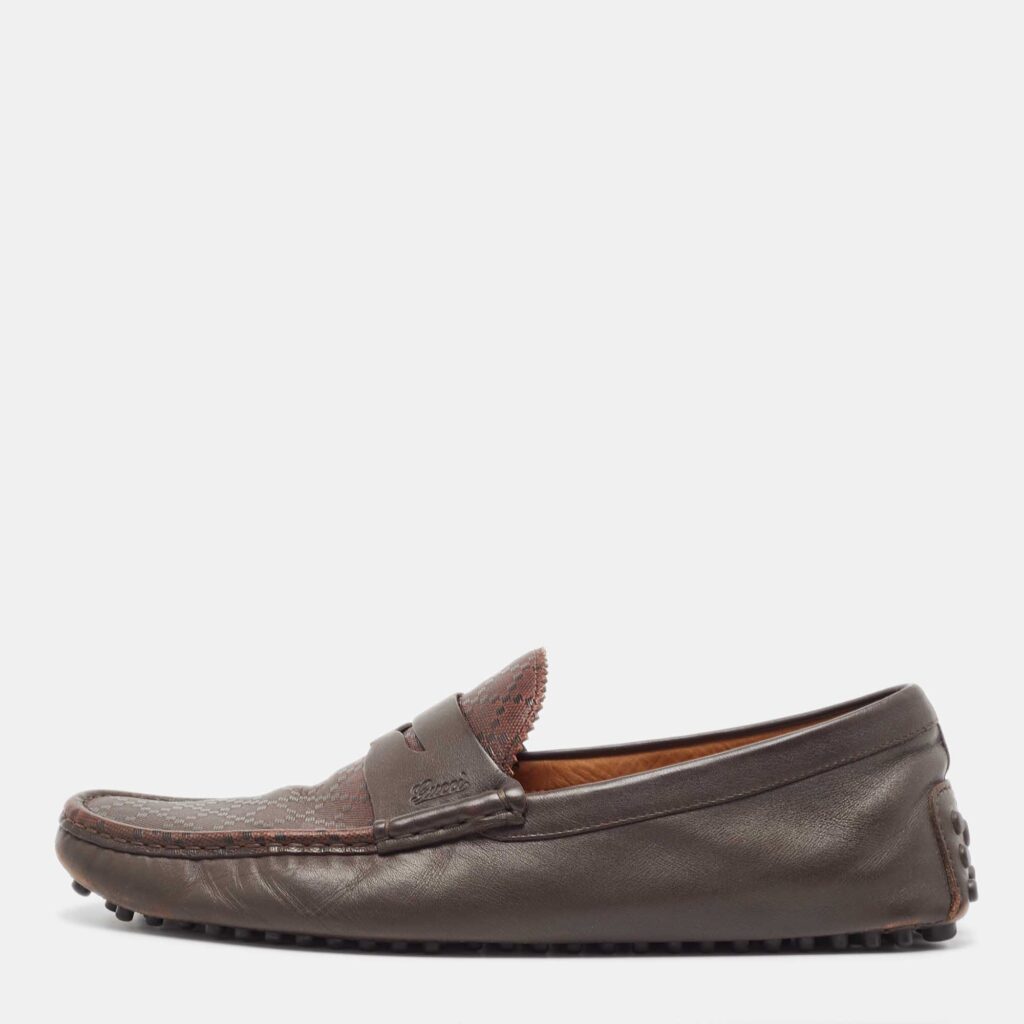 luxury-men-gucci-used-shoes-p894650-003 Gucci Dark Brown Diamante Leather Penny Slip On Loafers Size 45.5
